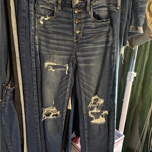 American Eagle Outfitters High Rise Distressed Jeans - Dark Blue